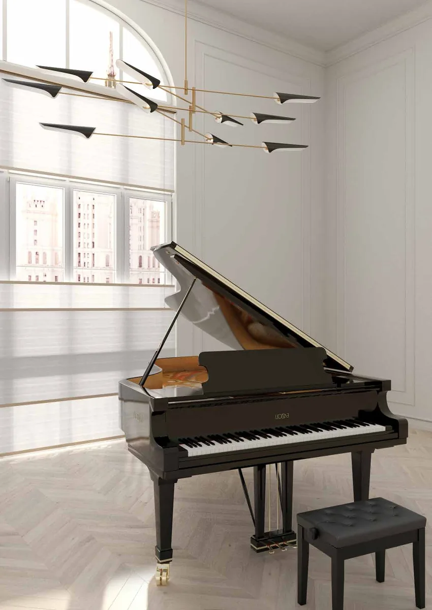 Wood & Washi Flow window system beside a grand piano in a bright arched-window room